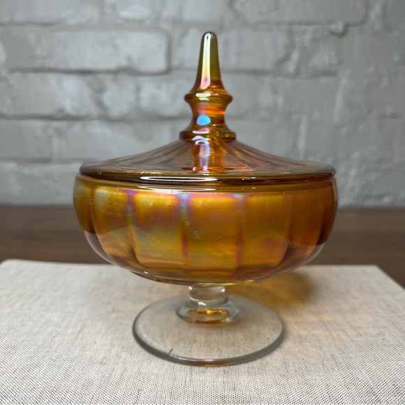 Vintage MCM Marigold Iridescent Carnival Glass Lidded Footed Candy Dish With Lid - Picture 5 of 10